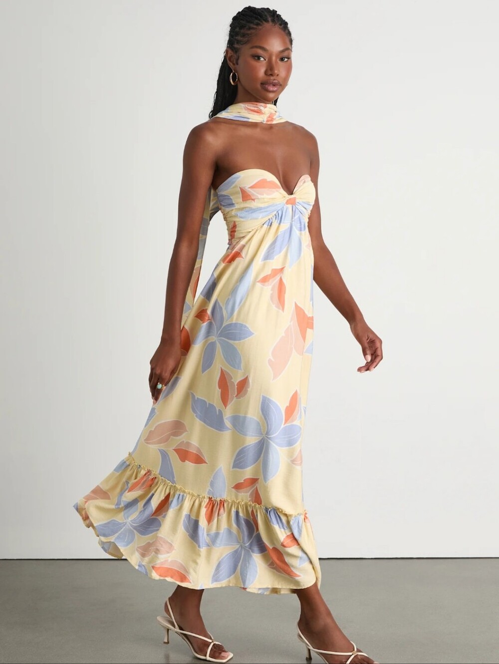 Kelia Light Yellow Leaf Print Midi Dress & Scarf Set Flirty Whimsy Flowy Resort